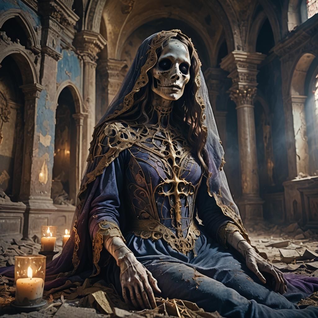Ethereal Ghost in Abandoned Church: Detailed Matte Painting