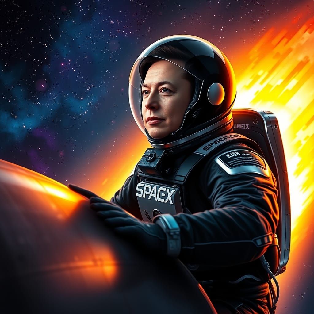 Elon Musk Rides SpaceX Rocket in Futuristic Concept Art Styl...