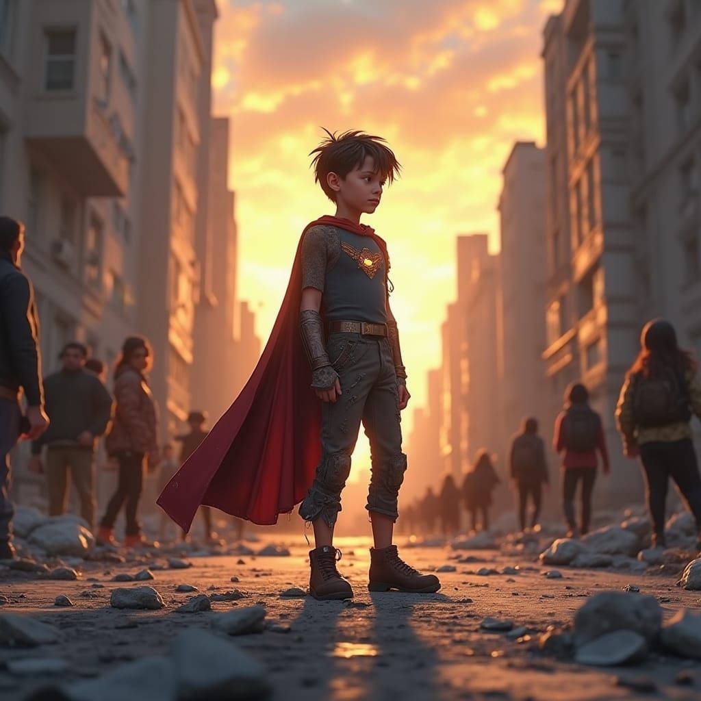 Young Superhero Boy Stands Tall in Ruined City Plaza at Sunr...