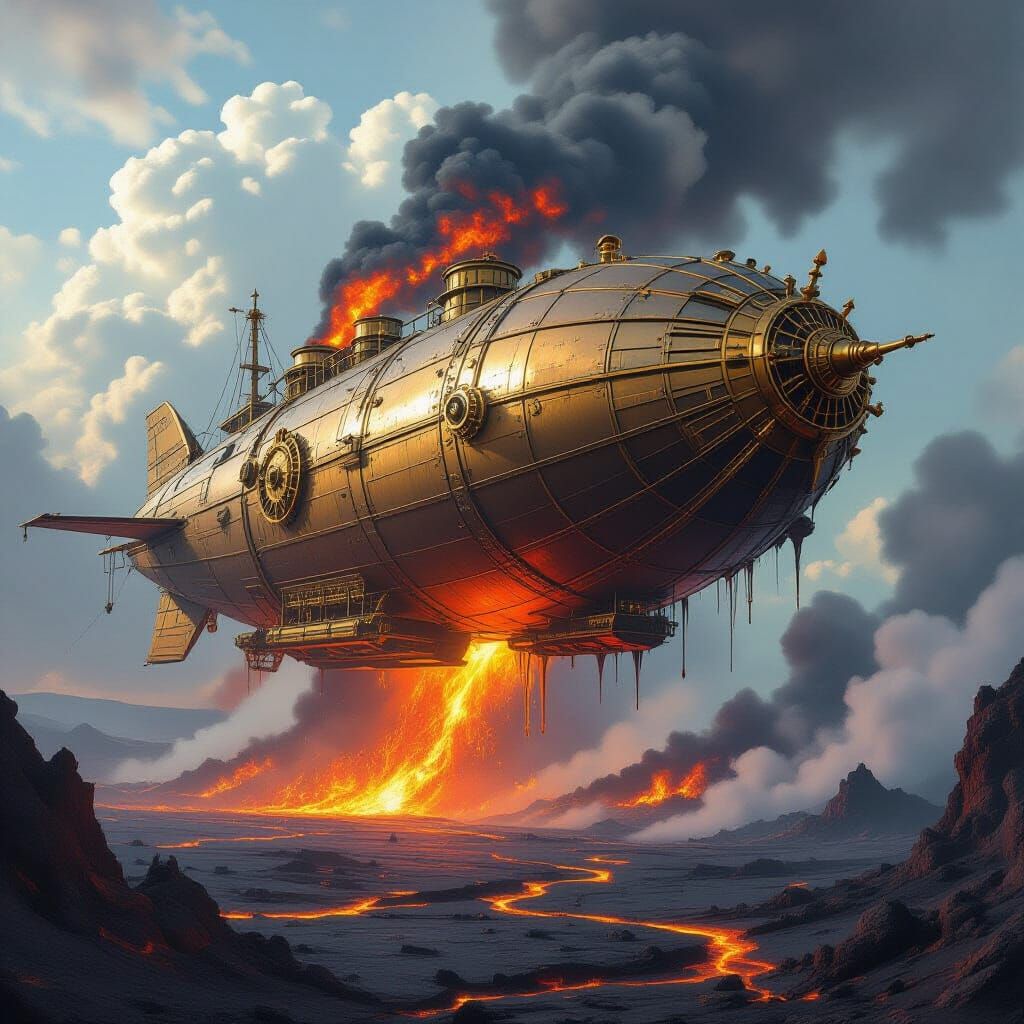Steampunk Airship Meltdown Amidst Volcanic Eruption