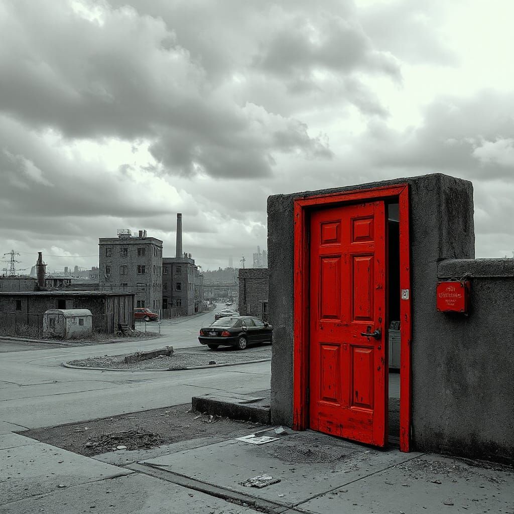 Red Door in Desolate Industrial Landscape