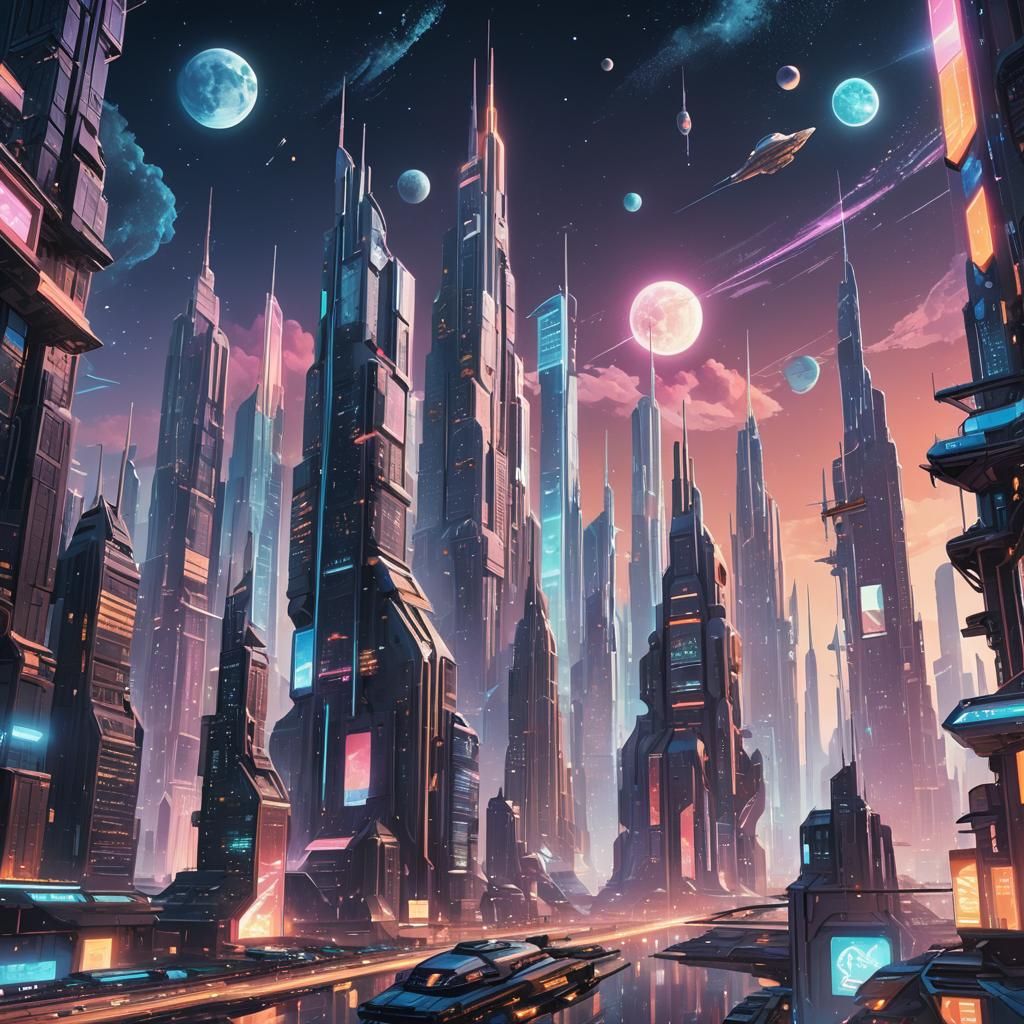 Futuristic City in Space: Vibrant Digital Art