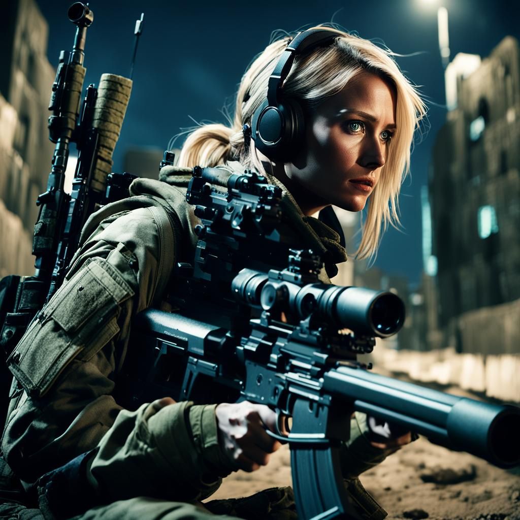 Female Soldier with Sniper Rifle in Gritty Film Still