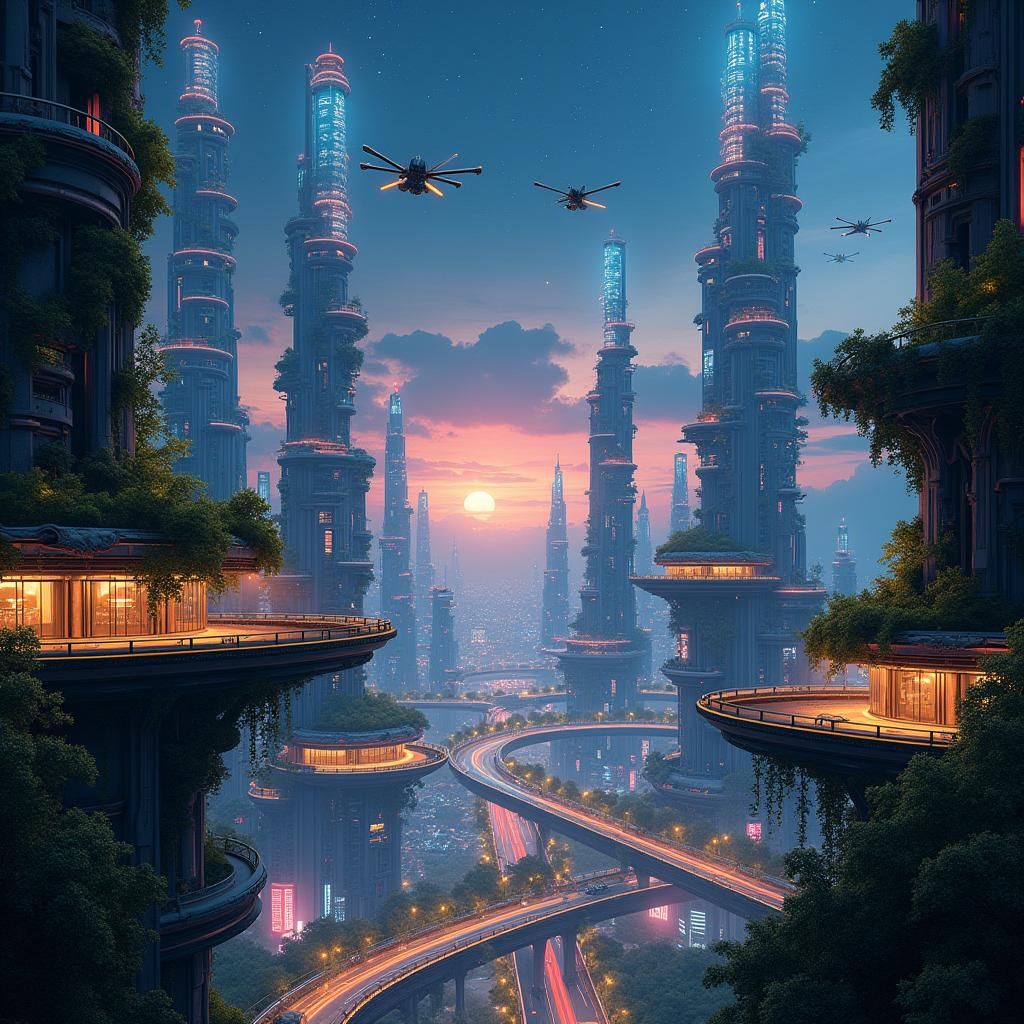 Futuristic Metropolis with Vertical Farms in Cyberpunk Style