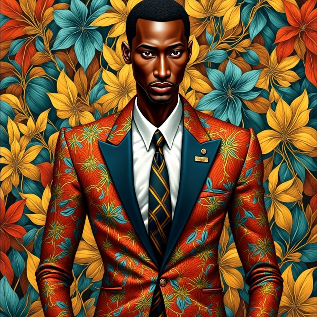 African Heritage Portrait in Modern Suit with Embroidered Ar...