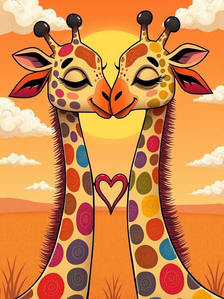 Whimsical Giraffes Share Loving Heart-Shaped Kiss in Sunny S...