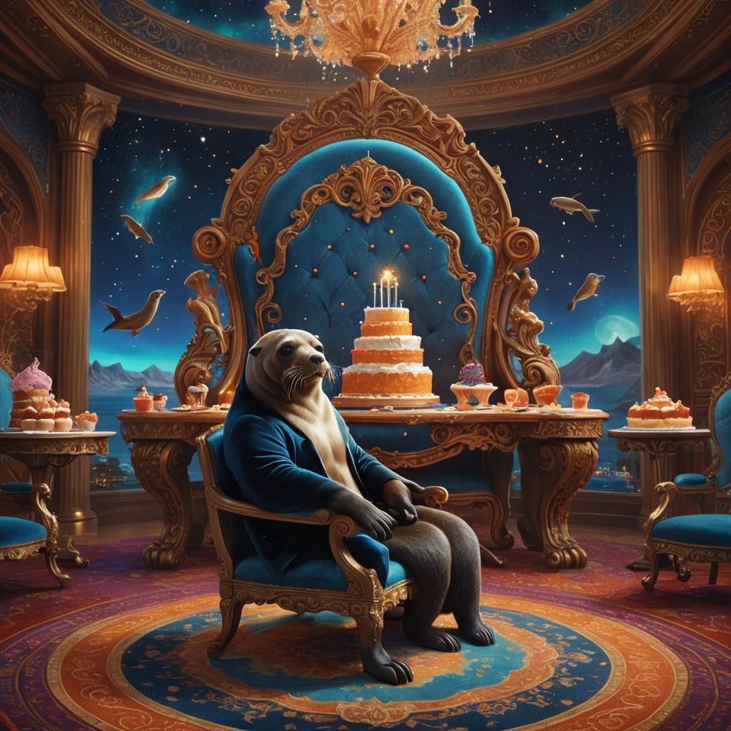 Sealion Unlocks Cake in Ornate Meeting Room