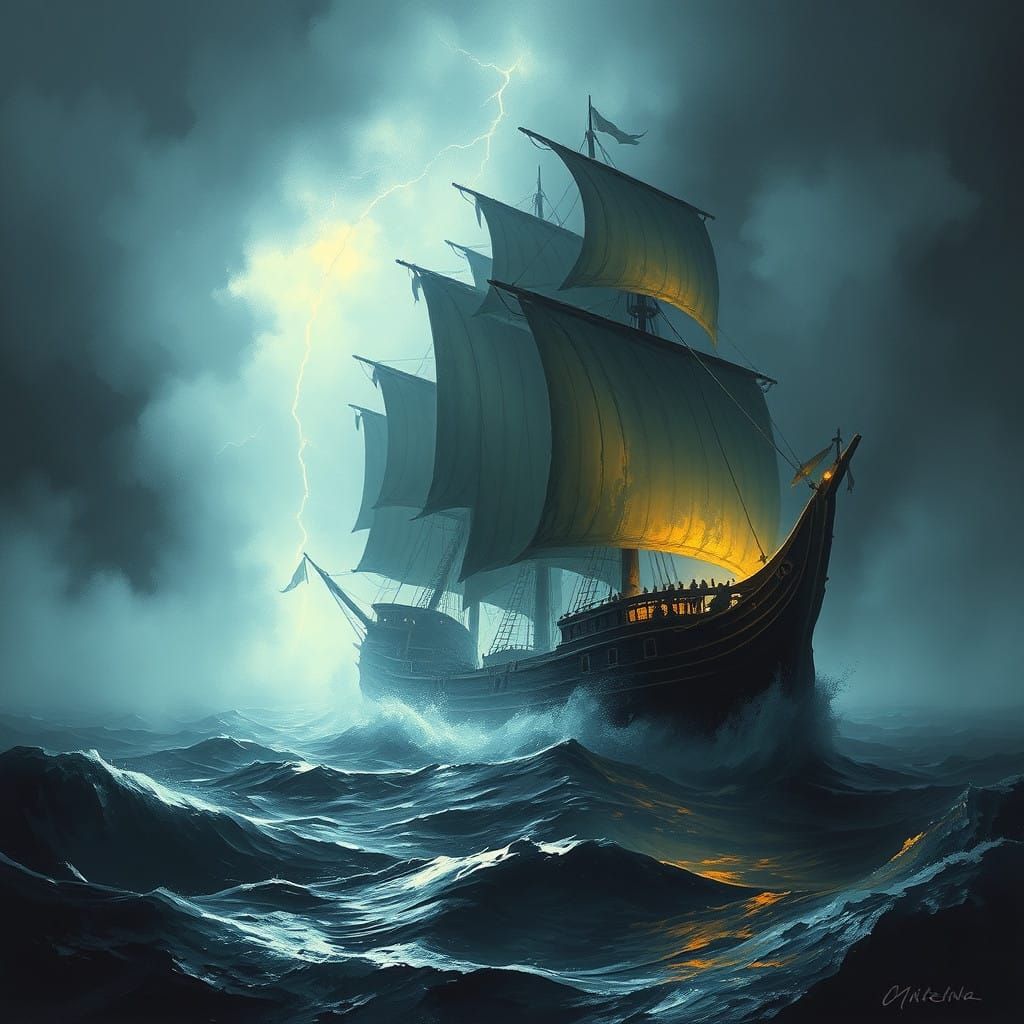 Mysterious Ghost Galleon Sails Through Dark Stormy Seas