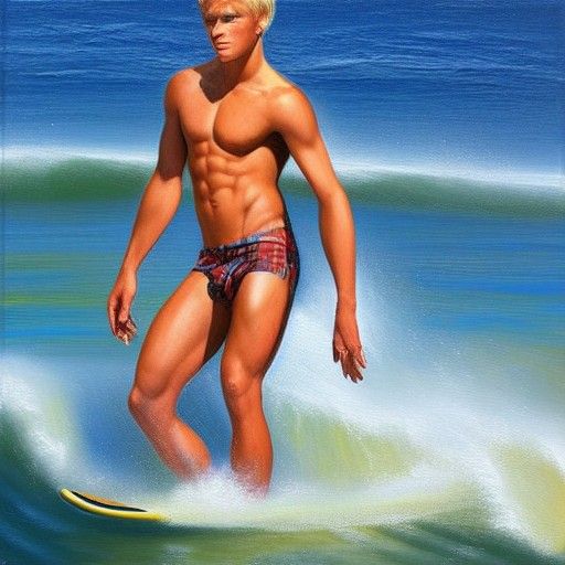 Teenage Surfer Abs: Oil Painting in Gurney Style