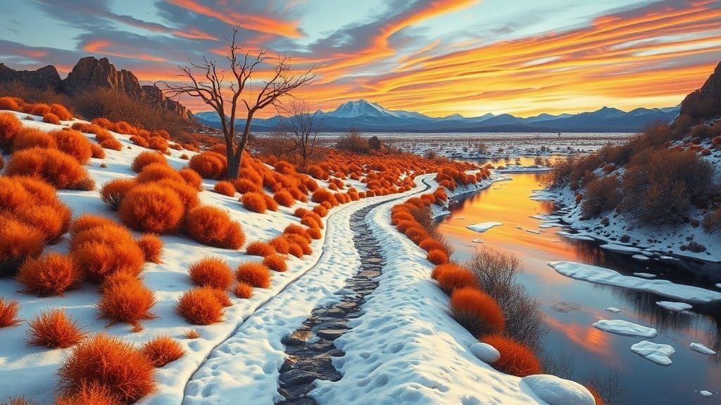 Surreal Pathway Through Fire and Ice Landscape