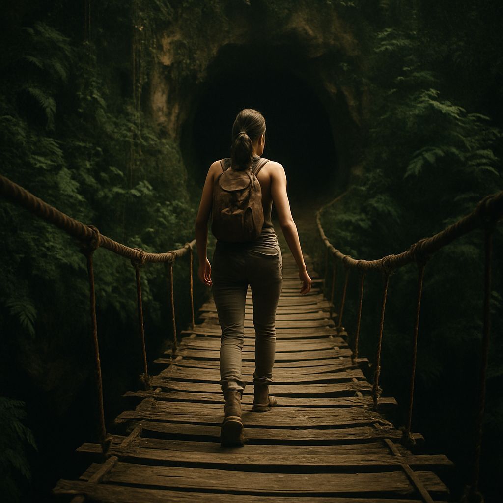 Female Adventurer Crossing Jungle Bridge: Cinematic Film Sti...