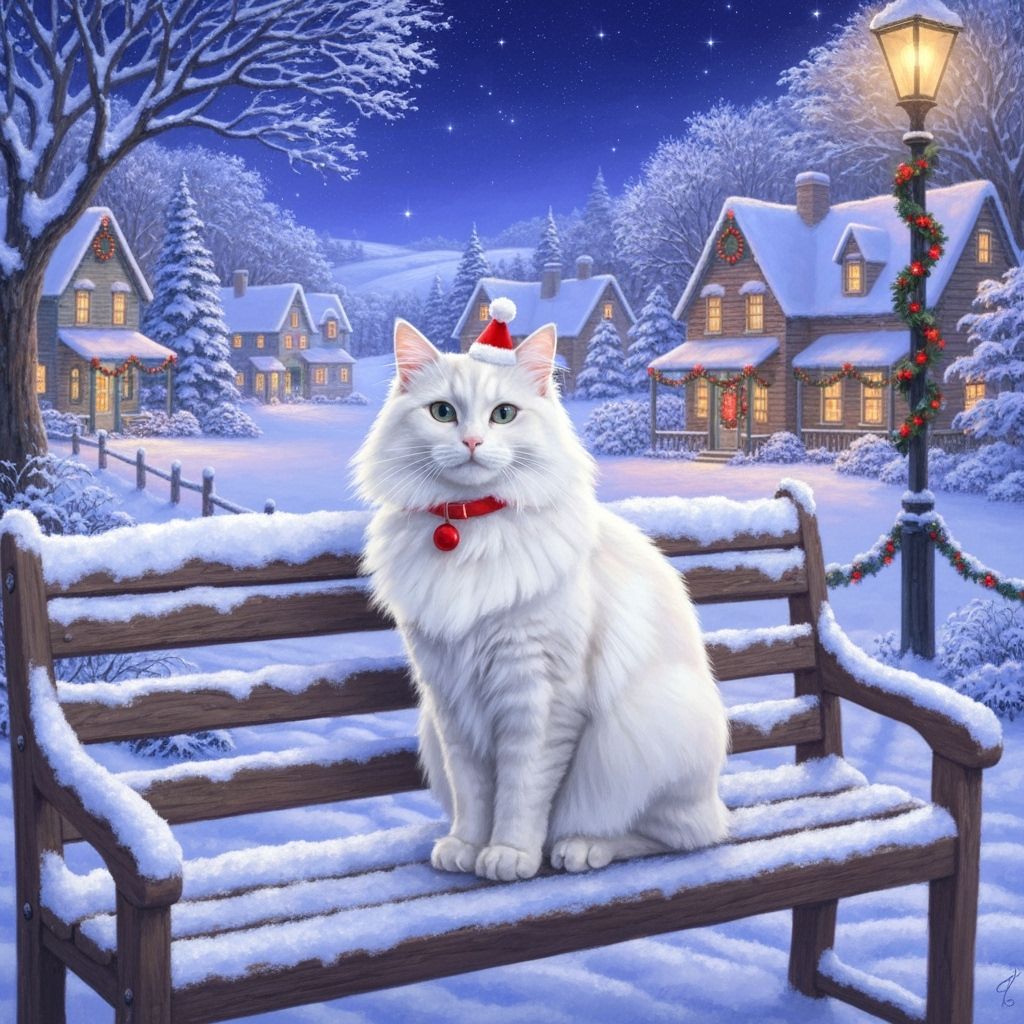 Fluffy White Cat in Snowy Christmas Town