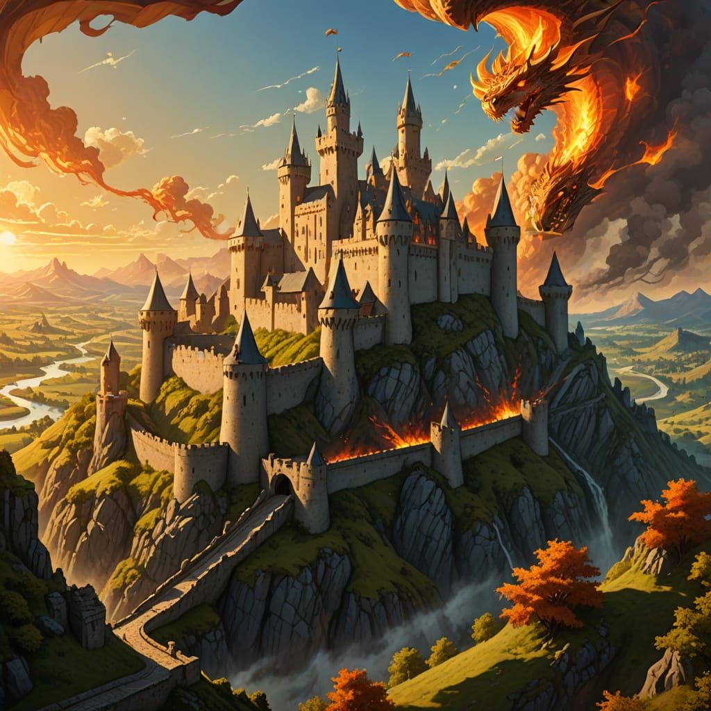 Dragons Defend Castle in Fantasy Landscape