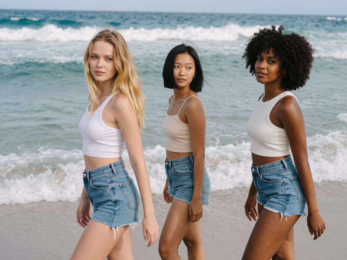 Diverse Women Enjoying Beach Waves in Summer Attire