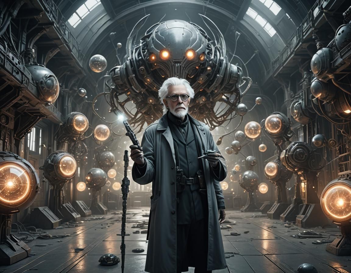Futuristic Professor in Alien Hall: Digital Matte Painting