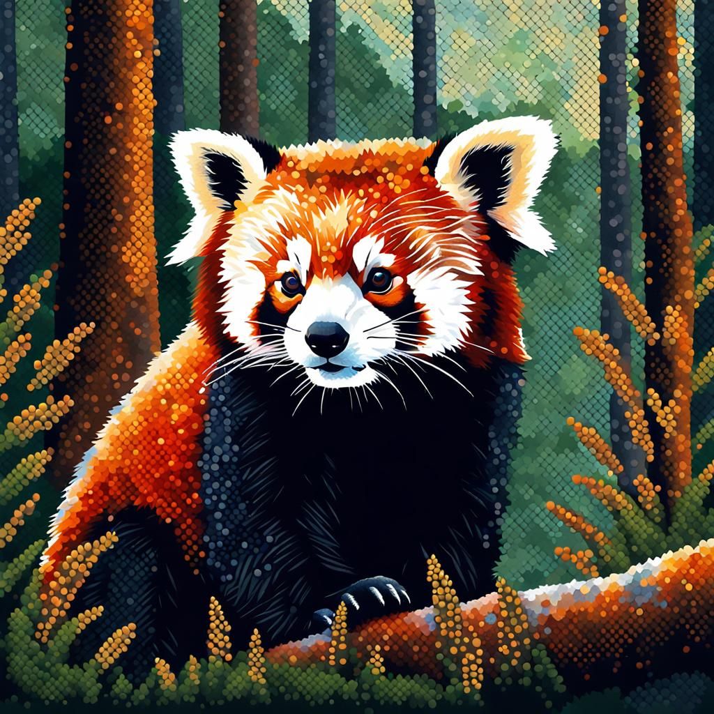 Red Panda Portrait in Pointillism Style