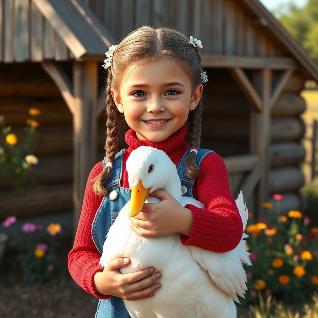 Joyful European Girl Holds Majestic White Peking Duck in a R...