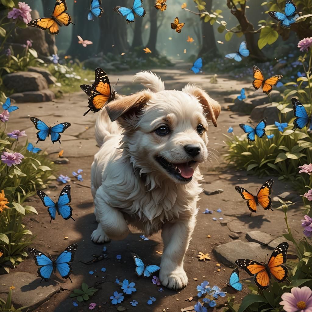 Puppy's Butterfly Game: Detailed Fantasy Art