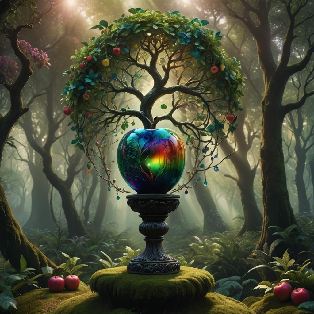Rainbow Glass Apple in Mystical Forest