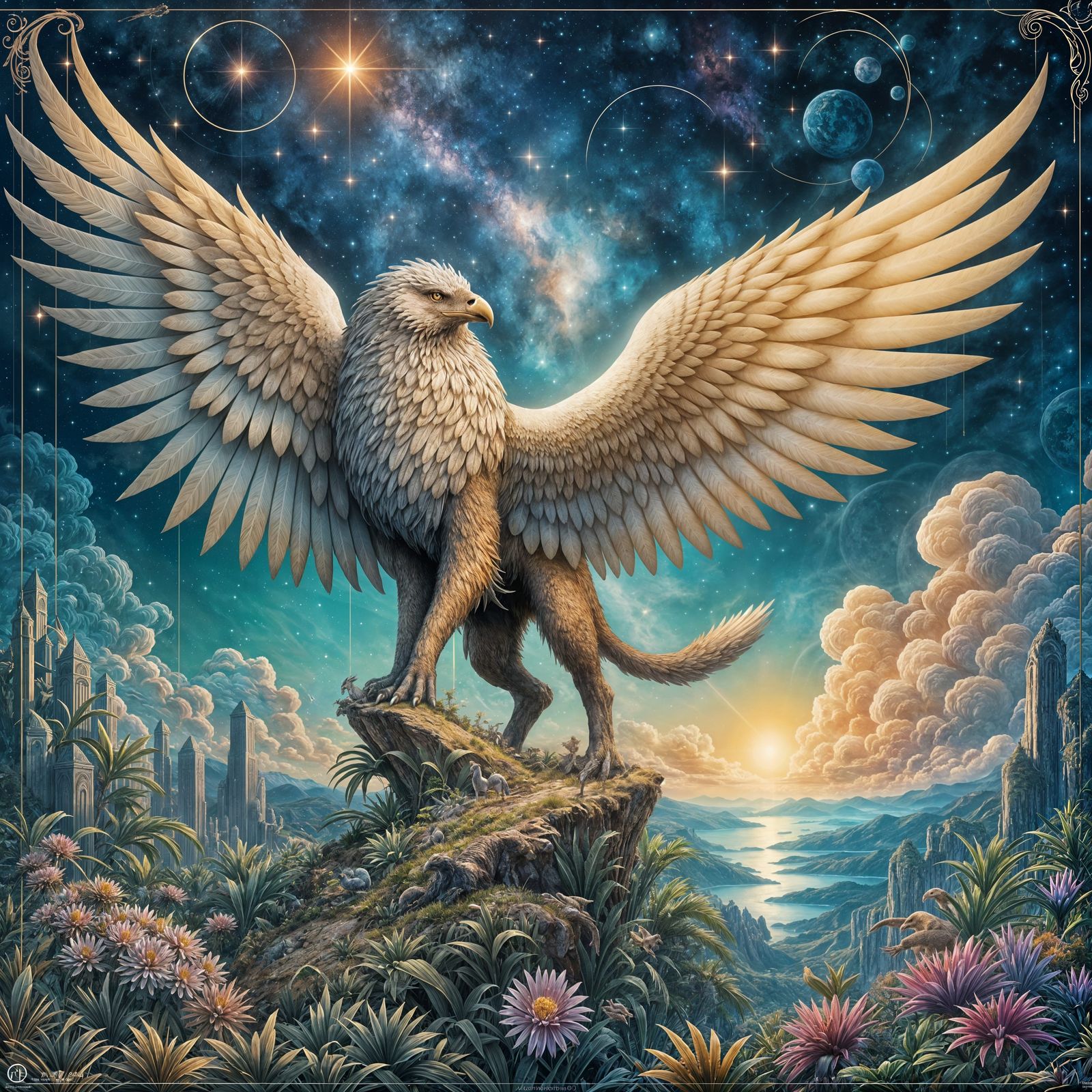 Majestic Griffin Overlooking Alien Galaxy in Epic Fantasy St...