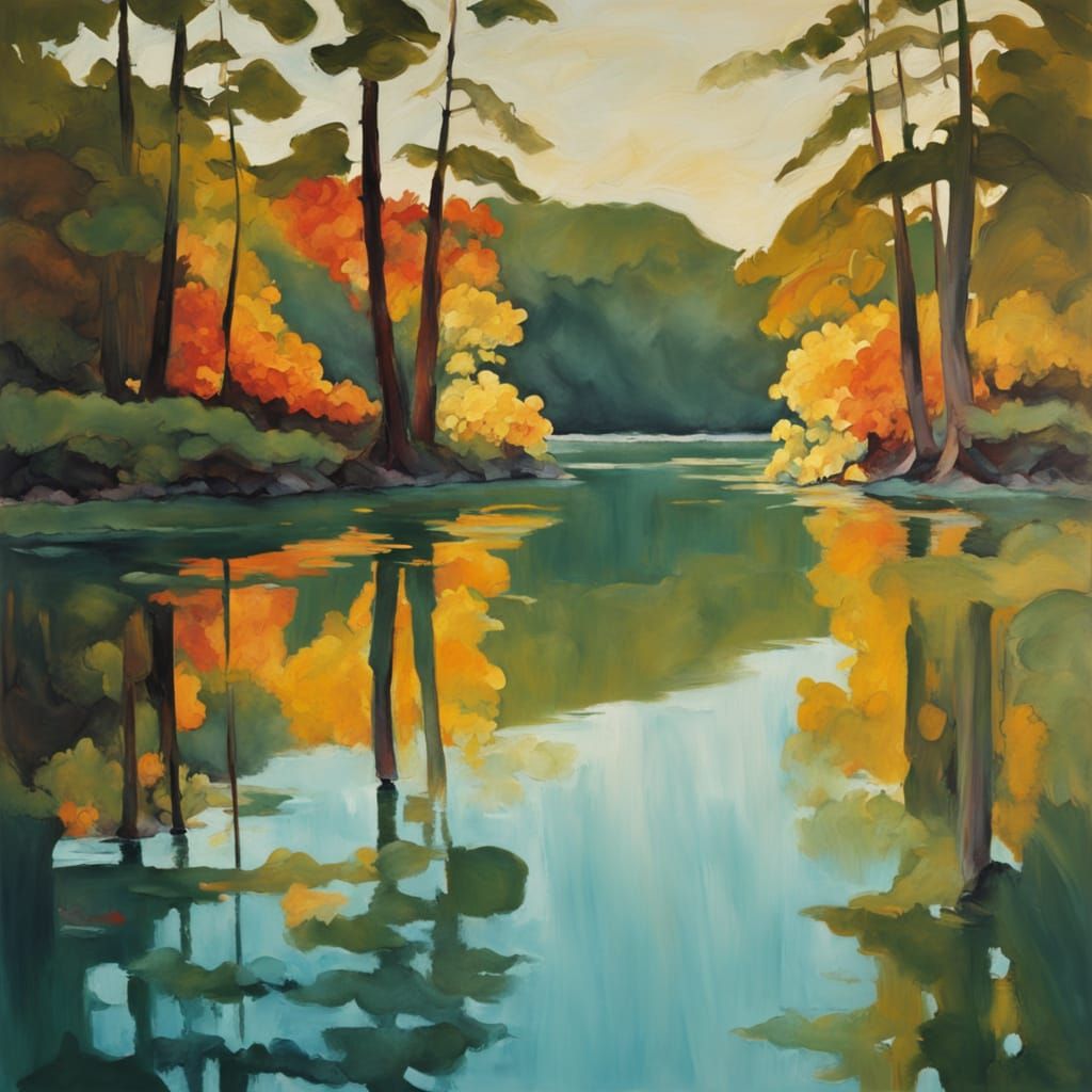 Mirrored Beach Landscape with Towering Trees in Gouache Styl...