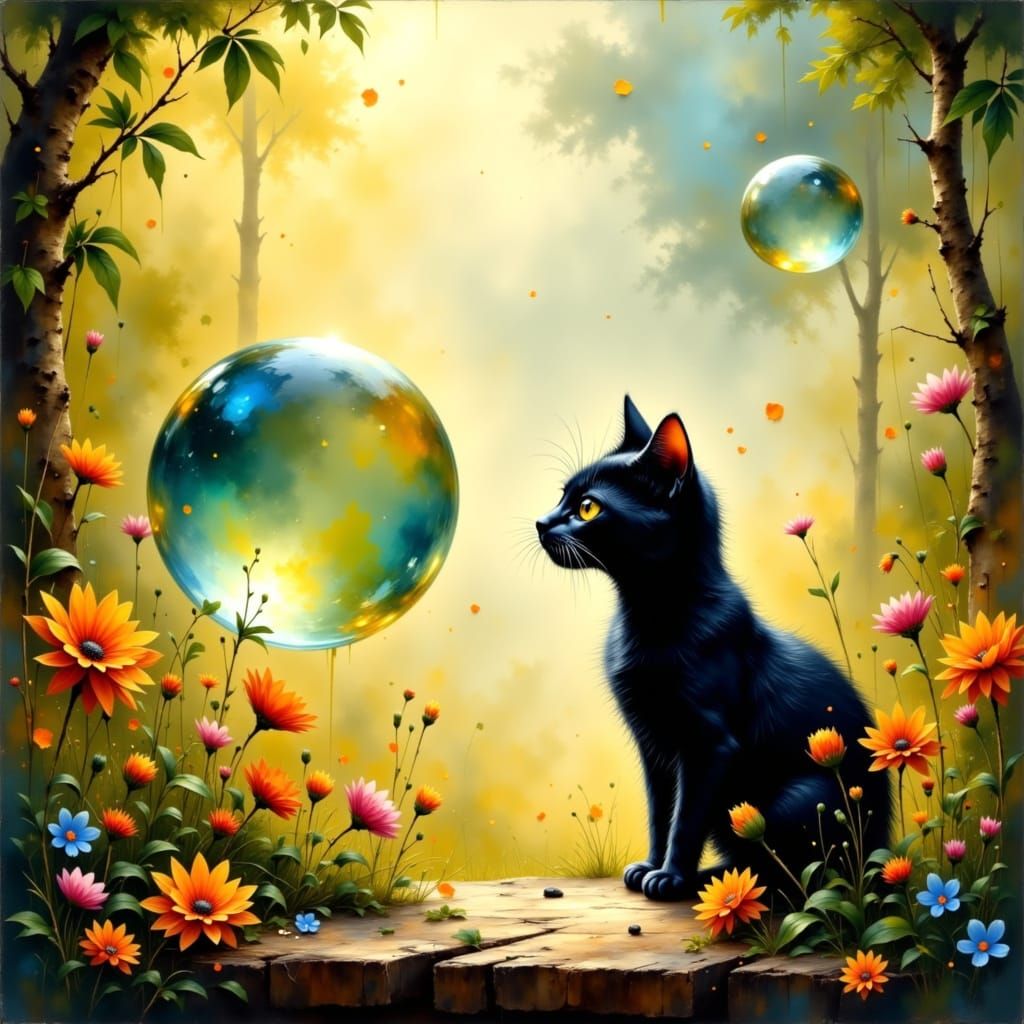 Black Cat Gazing at Bubble in Dream Garden