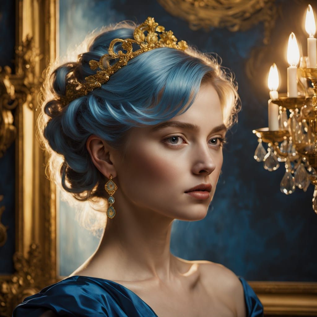 Baroque Woman in Ballroom with Blue Hair
