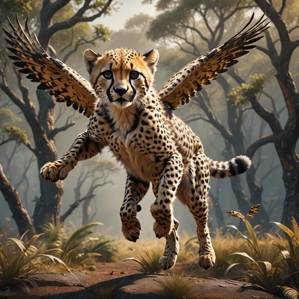 Winged Cheetah Cub Flies: Digital Matte Painting