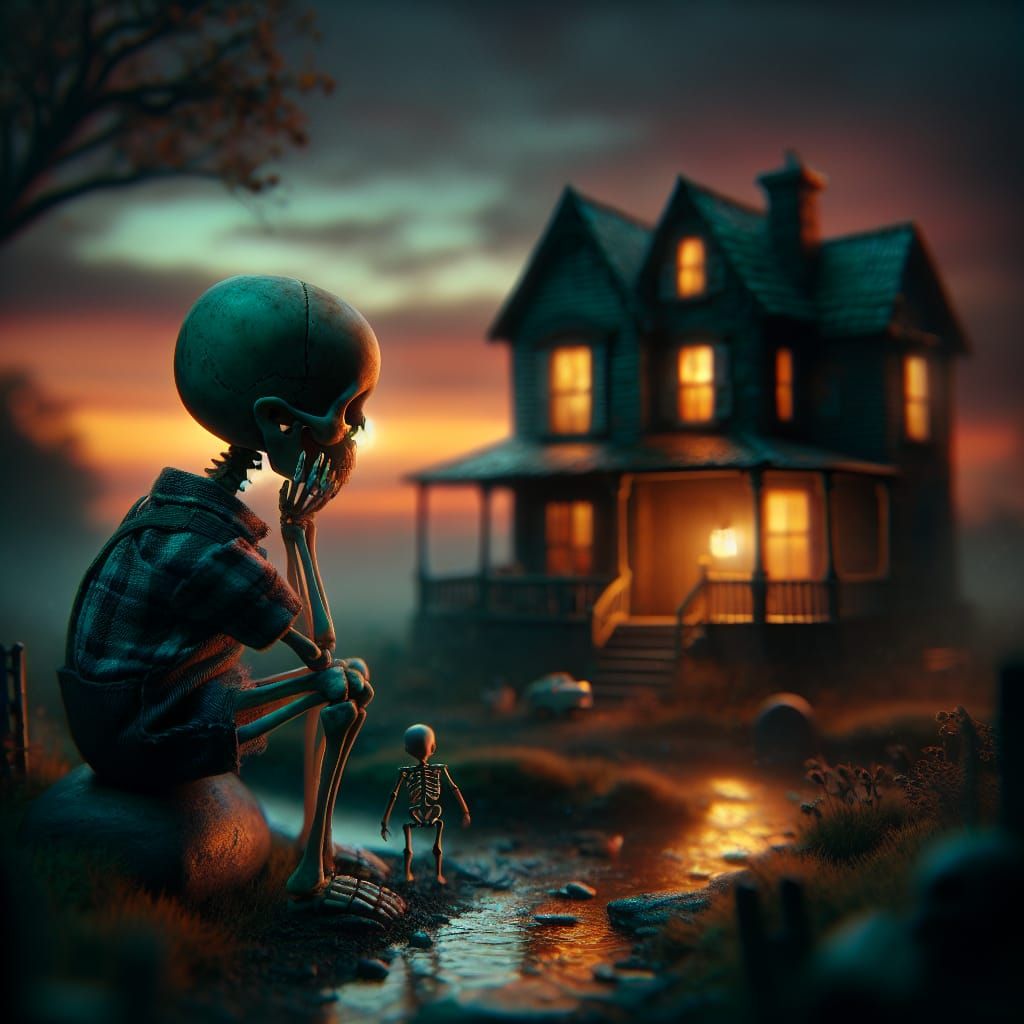 Melancholy Skeleton Child Remembers Home at Sunset