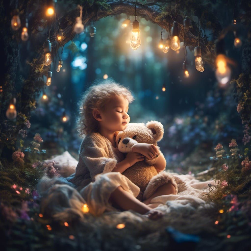 Baby Sleeping with Teddy Bear in Enchanted Forest