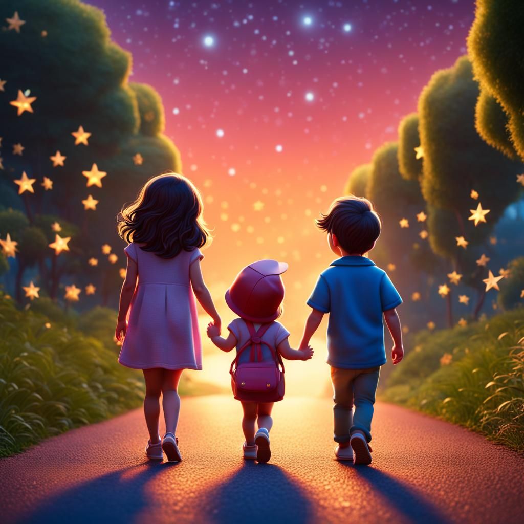 Toddlers Walking on Starry Road, 3D Digital Art