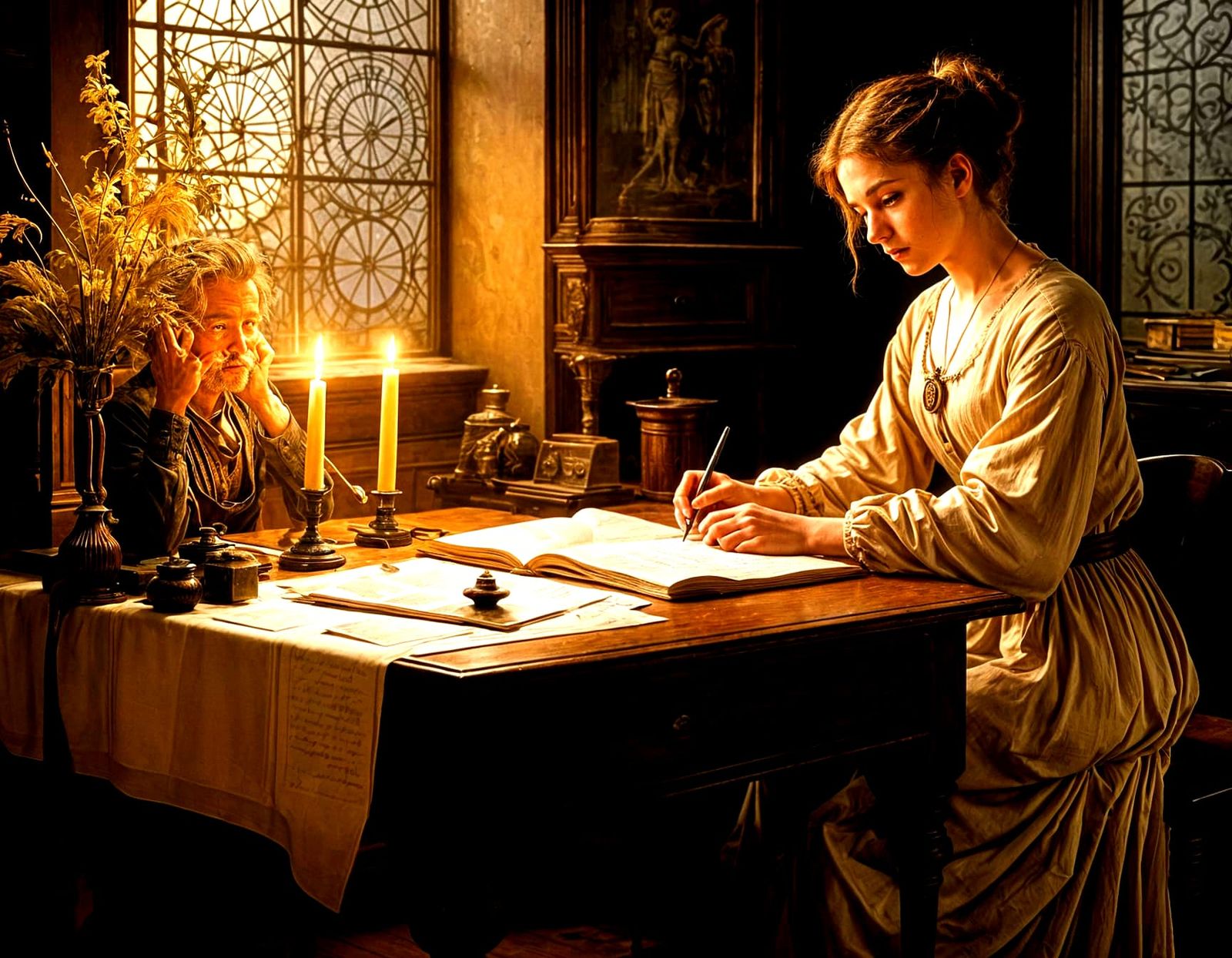 Surreal Man with Clock Face Writes of Time and Memories