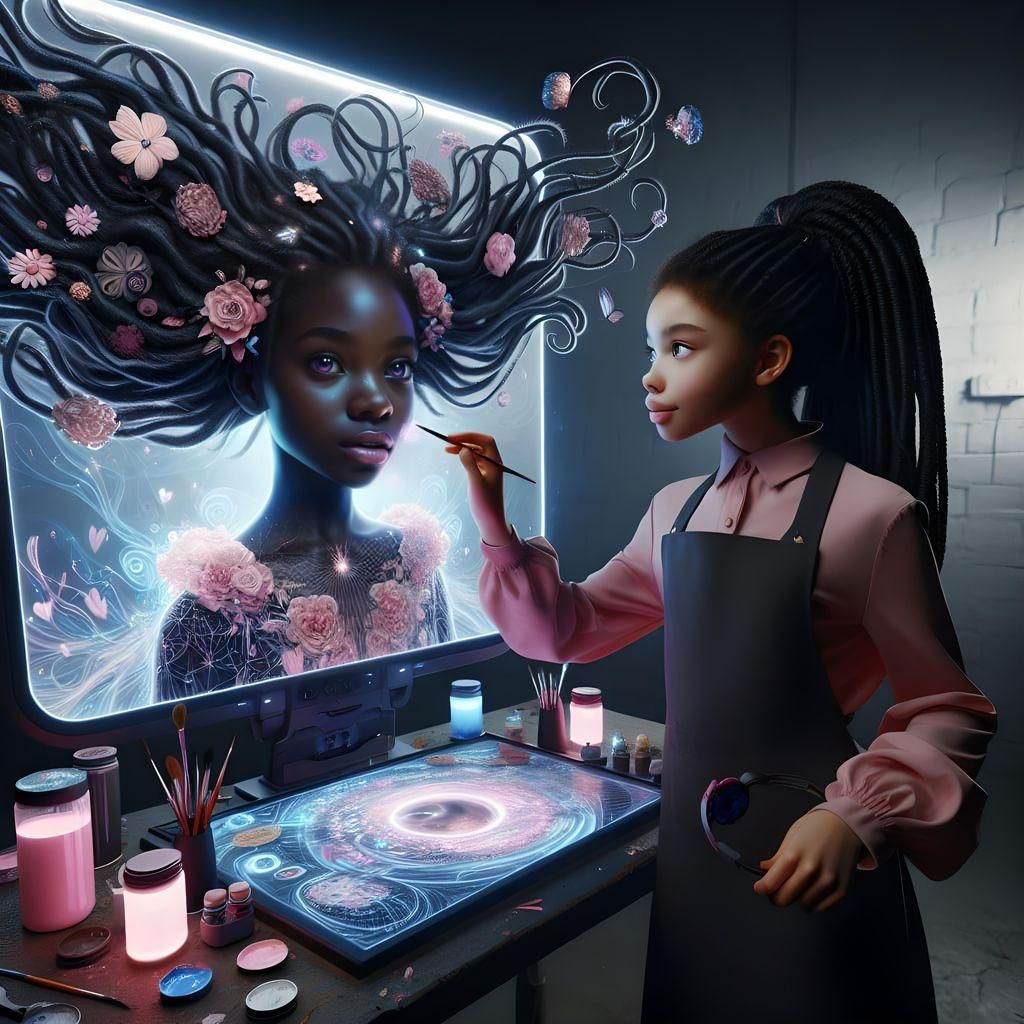 Woman Paints Holographic Selfie in Surreal Style