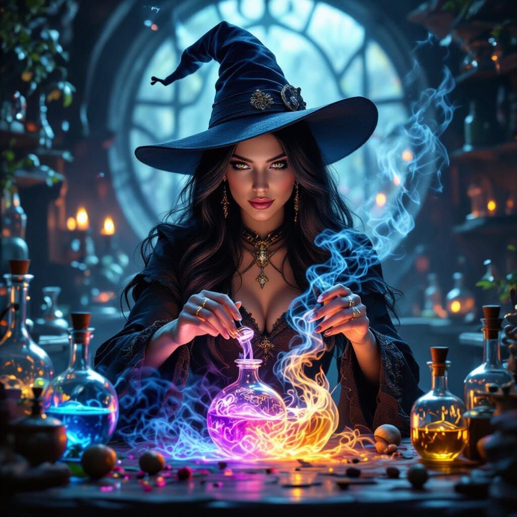 Elegant Witch Crafting Vivid Potions in Magical Lab