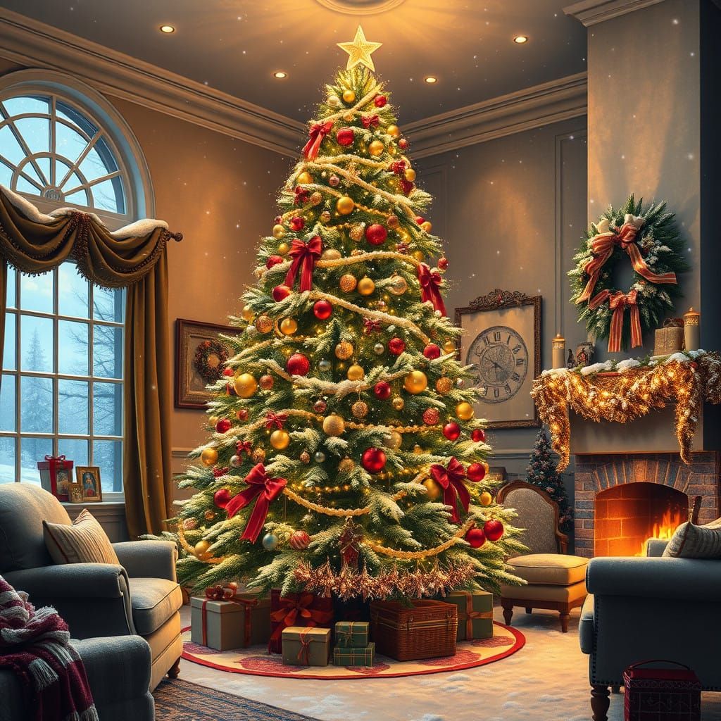 Cozy Living Room Scene with a Majestic Christmas Tree