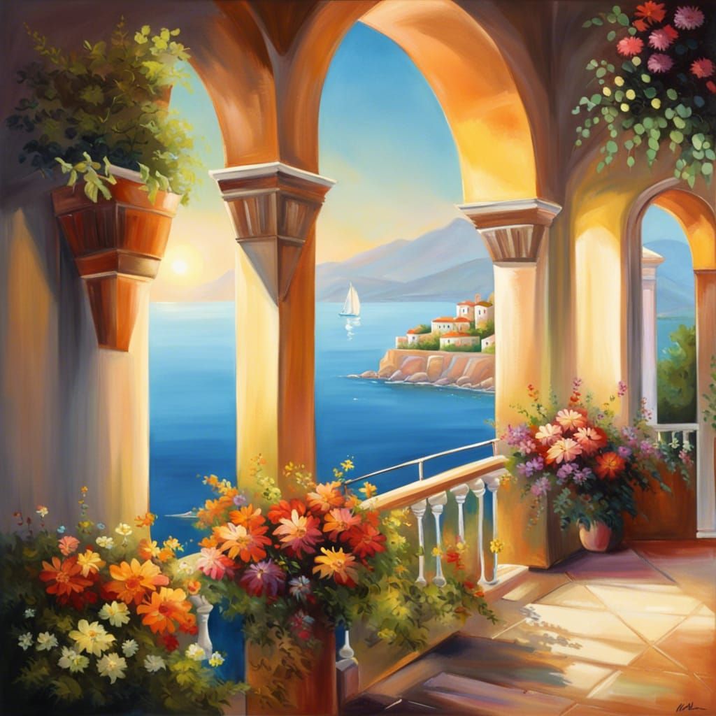 Balcony with Sea View in Oil Painting Style