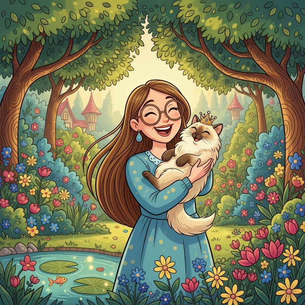 Joyful Woman Holds Crowned Cat in Vibrant Garden