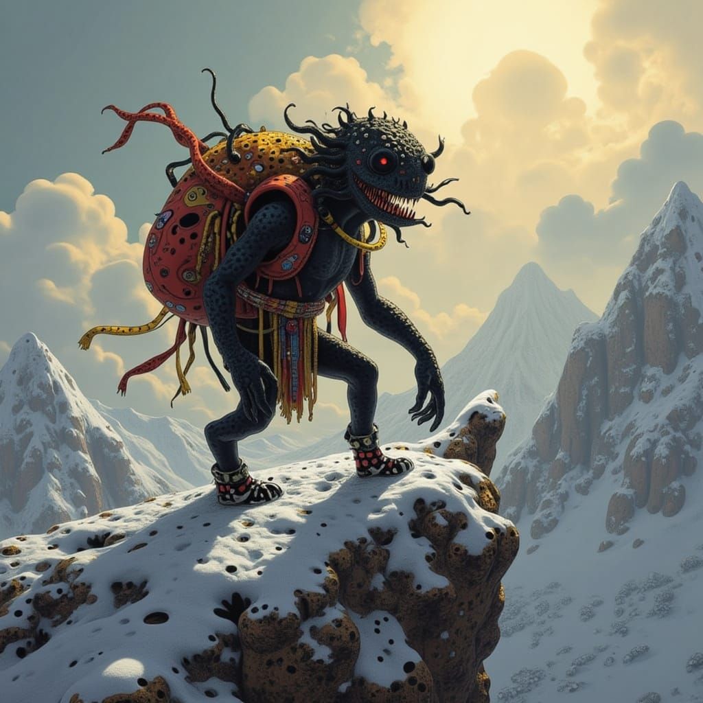 Monster Climbs Snowy Peak in Epic Fantasy Painting Style