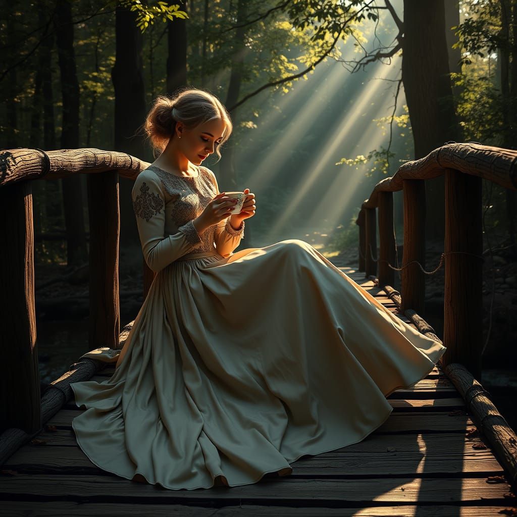 Elegant Lady Sipping Tea on Rustic Bridge