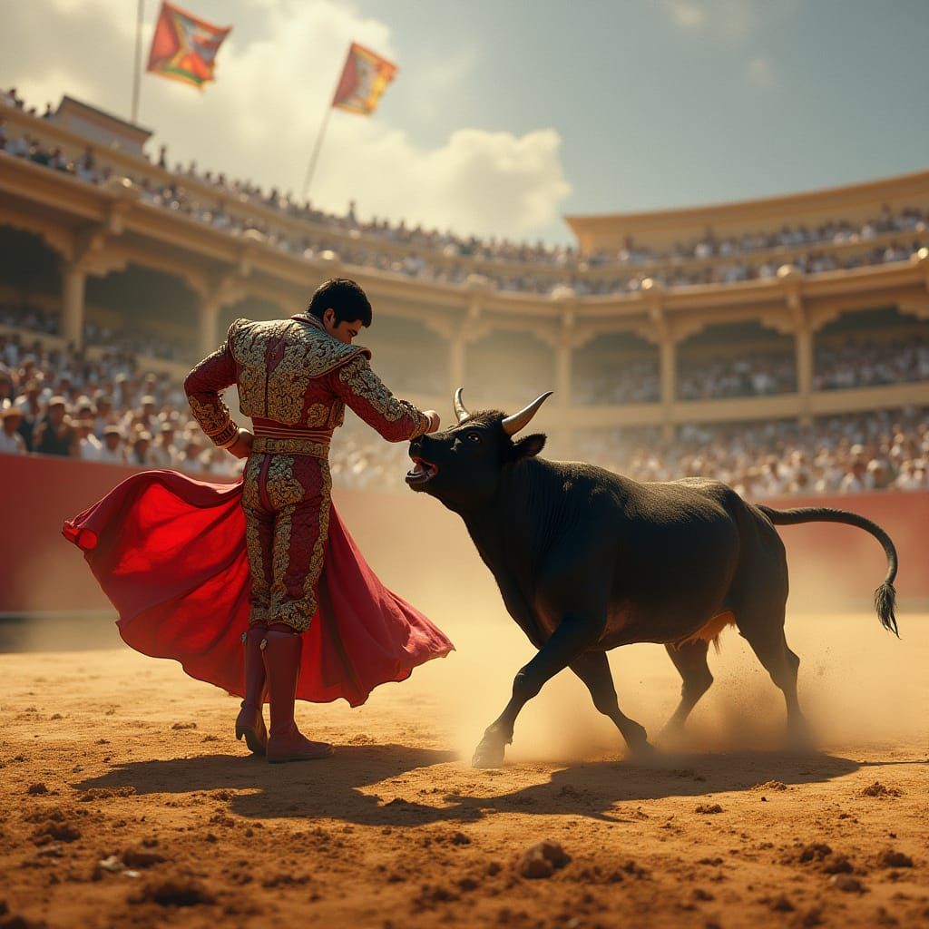 Matador Fighting Bull in Dusty Stadium