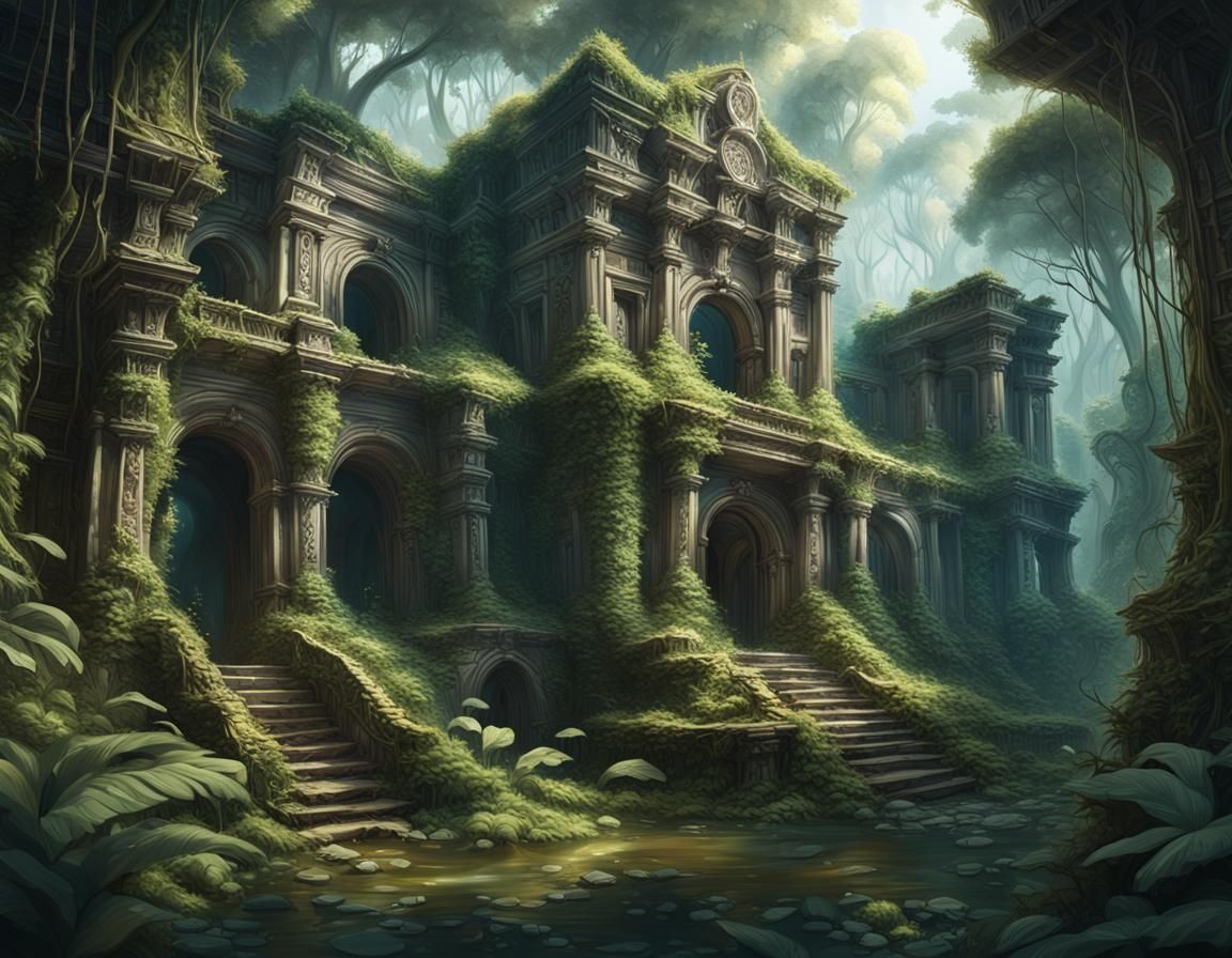 Mystical Lost City Ruins in Overgrown Jungle