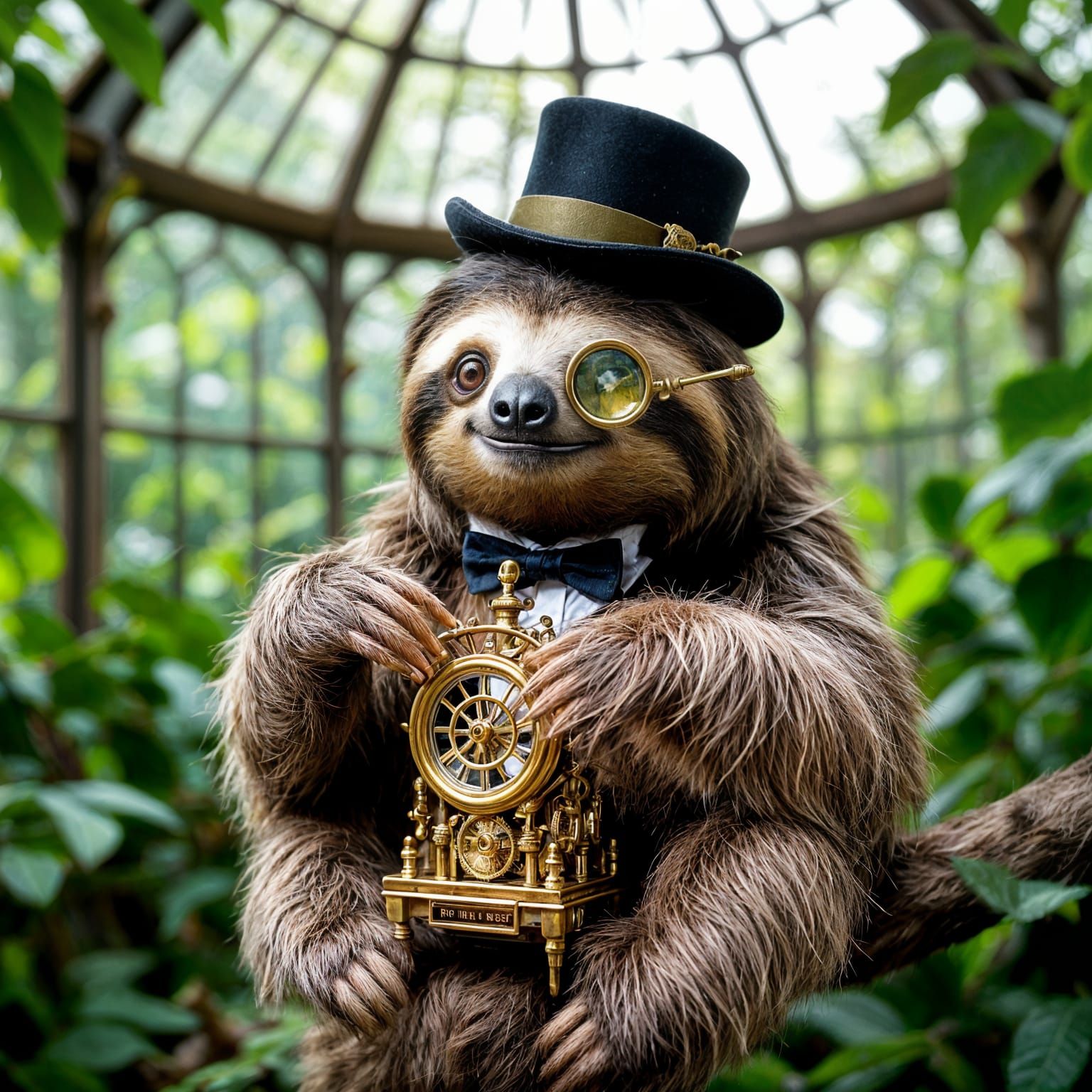 Steampunk Sloth Assembles Clockwork in Victorian Greenhouse