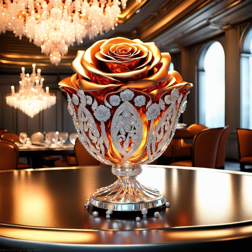 Gleaming Jeweled Rose in Posh Restaurant, Digital Art
