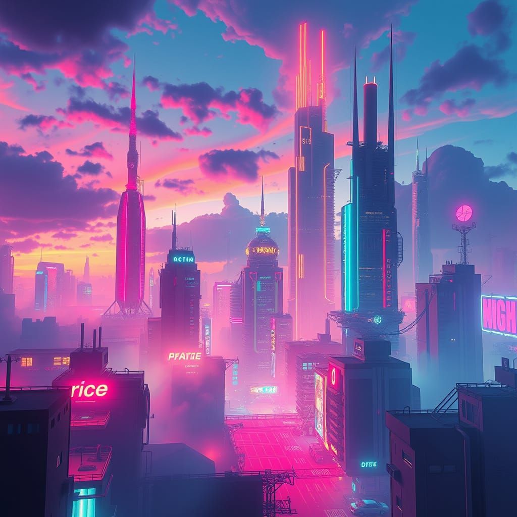 Neon Cyberpunk Cityscape Inspired by Surrealism