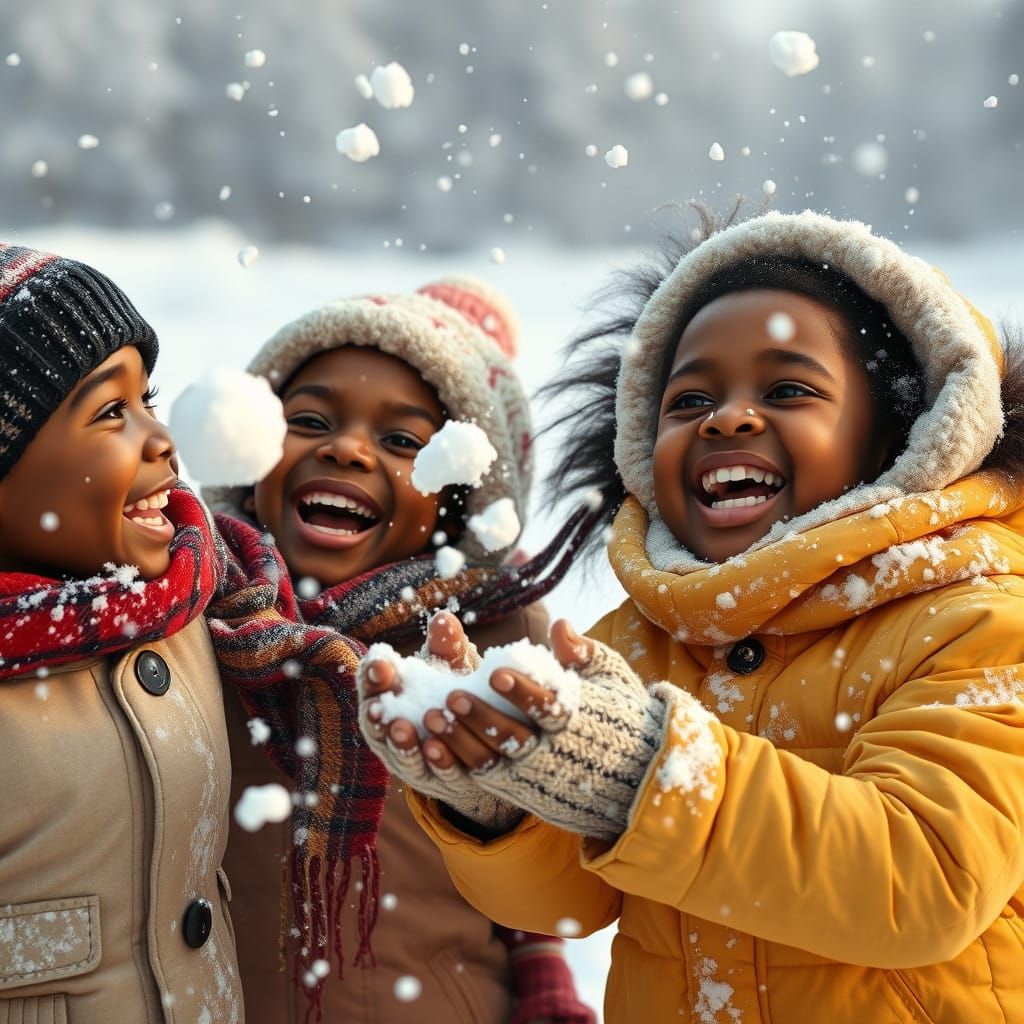 Joyful Black Children Play in Snowy Winter Wonderland