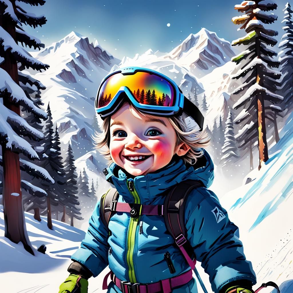 Adorable Toddler's Skiing Adventure in Sketch Style