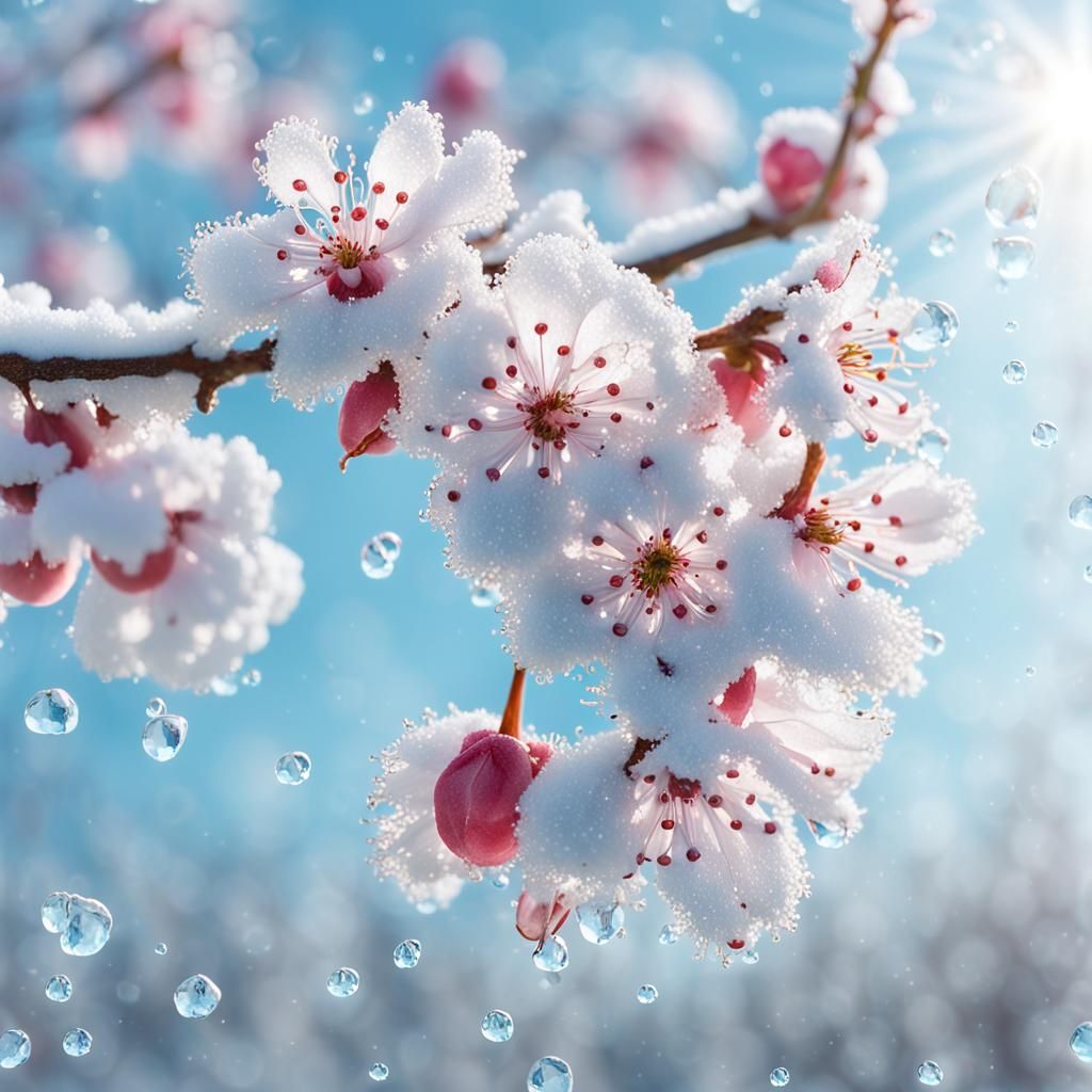 Cherry Blossoms in Snow: Hyper-Realistic Digital Art