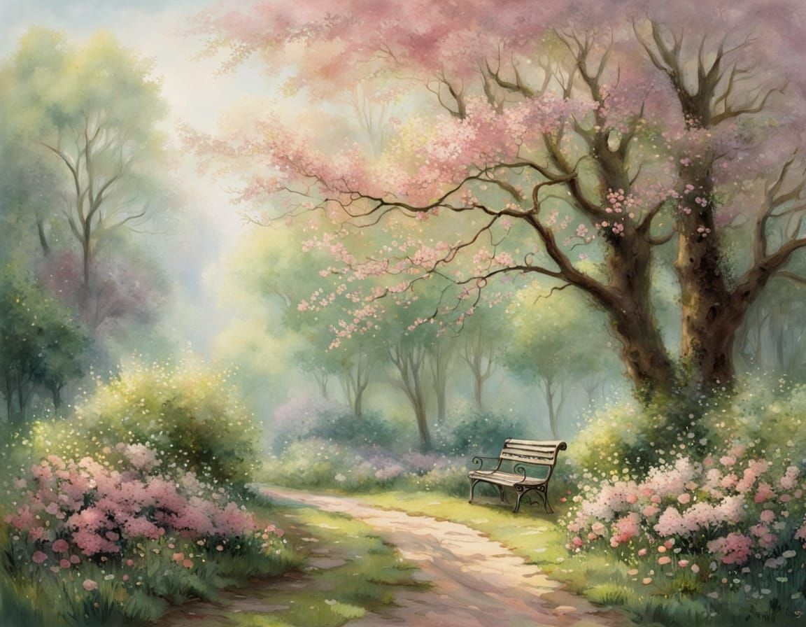Watercolor Spring Forest Path Scene