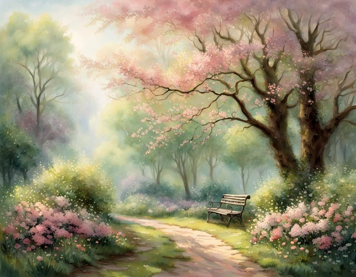 Watercolor Spring Forest Path Scene