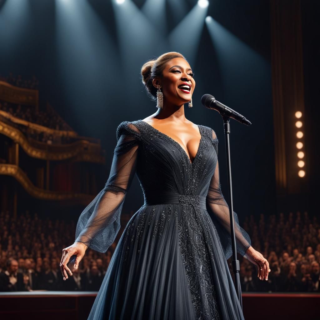 Elegant Opera Singer on Stage in Hyperrealistic Detail
